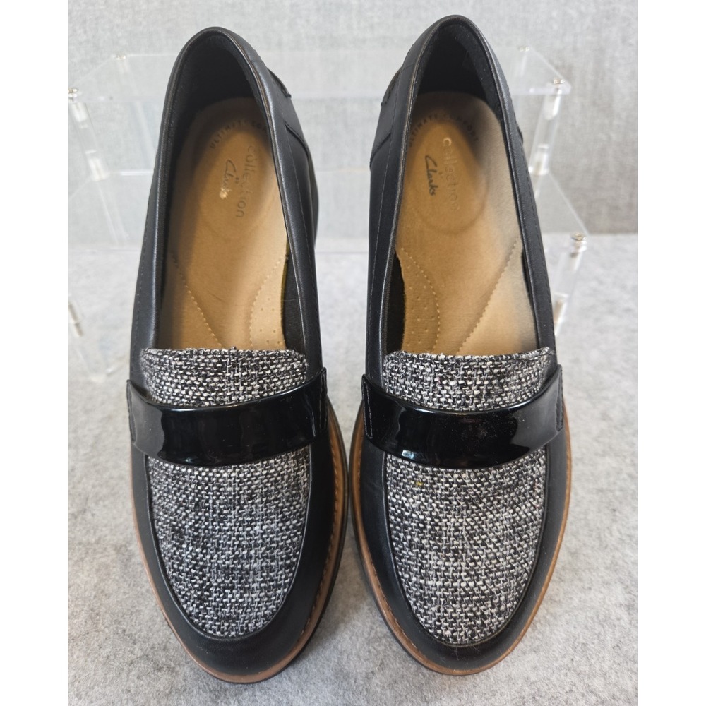 Clarks Womens Sharon Gracie Penny Loafer US 6 Black Pat Tweed Combo Preppy